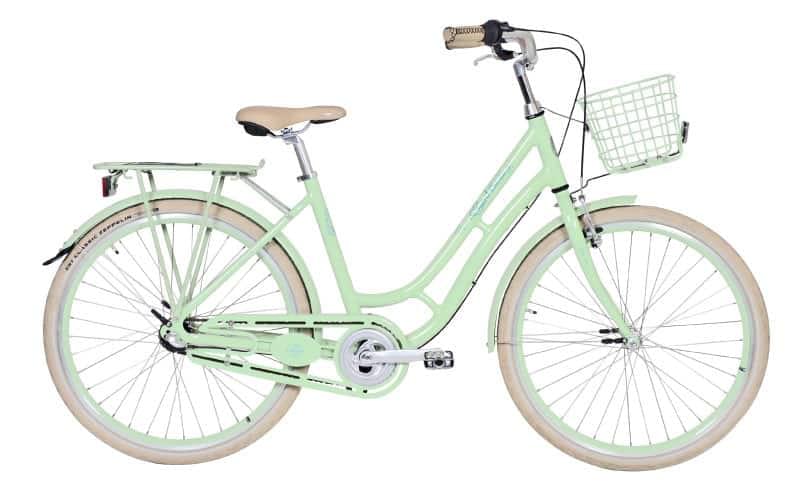 Umweltfreundliches Damenfahrrad mit Korb und Komfort.